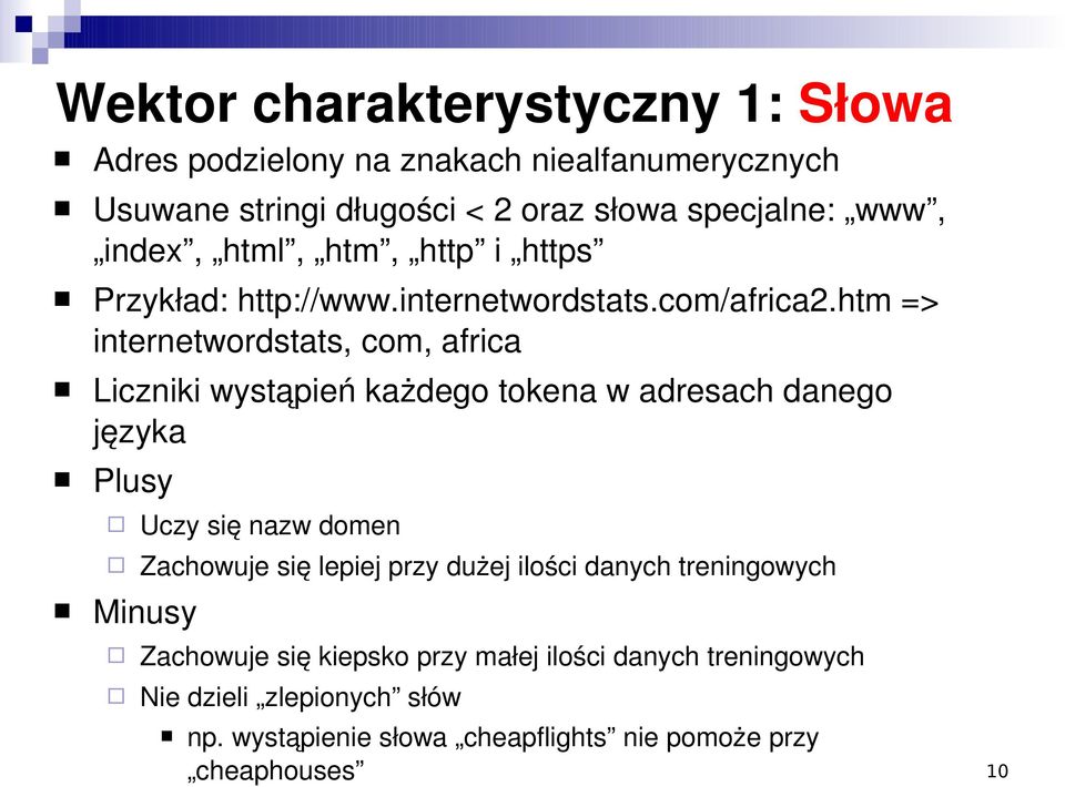 htm => internetwordstats, com, africa Liczniki wystąpień każdego tokena w adresach danego języka Plusy Uczy się nazw domen Zachowuje się