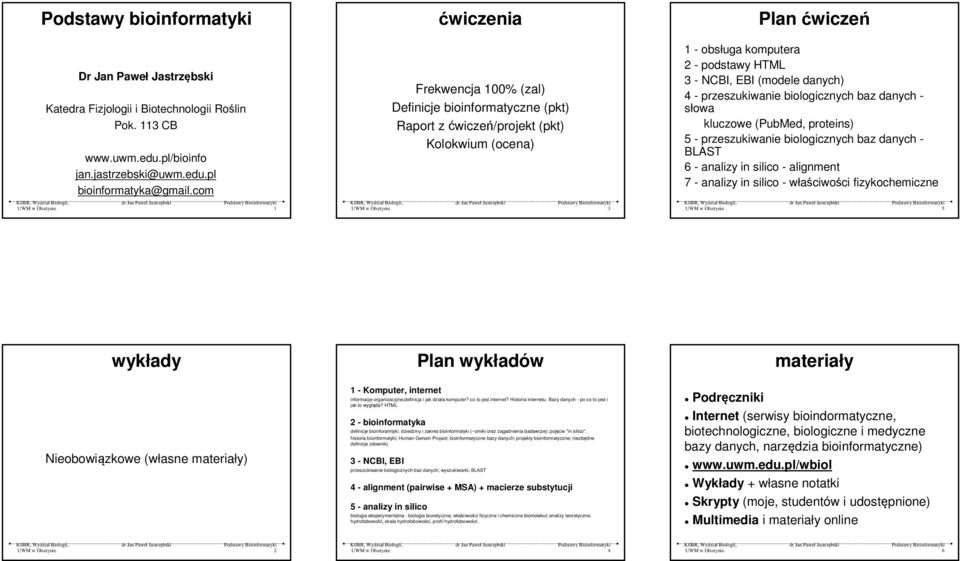 com 1 ćwiczenia Frekwencja 1% (zal) Definicje bioinformatyczne (pkt) Raport z ćwiczeń/projekt (pkt) Kolokwium (ocena) 3 Plan ćwiczeń 1 - obsługa komputera 2 - podstawy HTML 3 - NCBI, EBI (modele