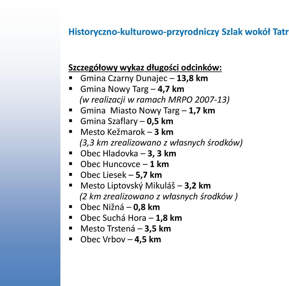 (3,3 km zrealizowano z własnych środków) Obec Hladovka 3, 3 km Obec Huncovce 1 km Obec Liesek 5,7 km Mesto Liptovský Mikuláš