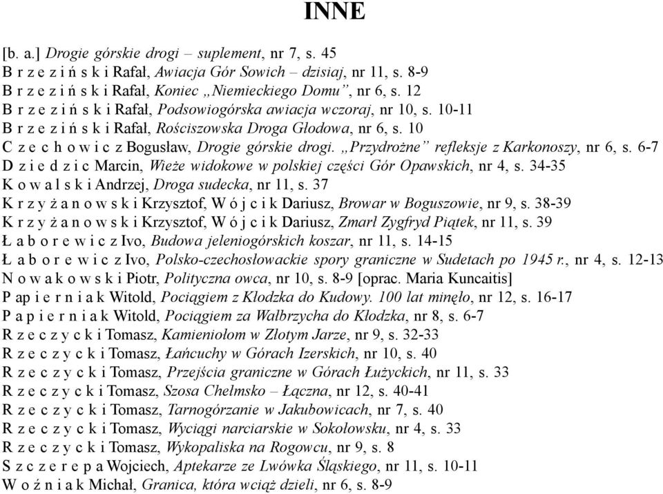 Przydrożne refleksje z Karkonoszy, nr 6, s. 6-7 D z i e d z i c Marcin, Wieże widokowe w polskiej części Gór Opawskich, nr 4, s. 34-35 K o w a l s k i Andrzej, Droga sudecka, nr 11, s.