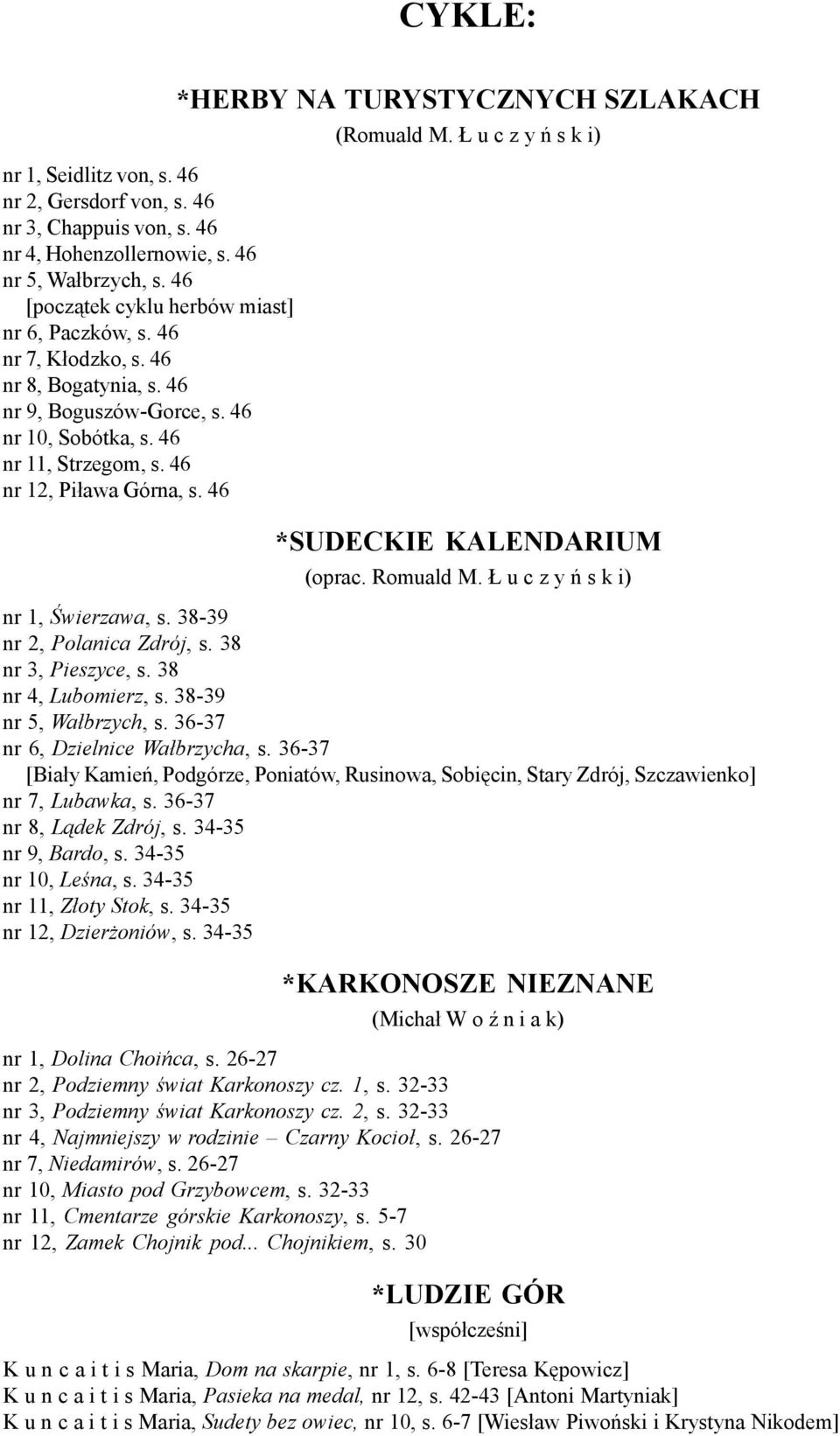 Ł u c z y ń s k i) *SUDECKIE KALENDARIUM (oprac. Romuald M. Ł u c z y ń s k i) nr 1, Świerzawa, s. 38-39 nr 2, Polanica Zdrój, s. 38 nr 3, Pieszyce, s. 38 nr 4, Lubomierz, s. 38-39 nr 5, Wałbrzych, s.