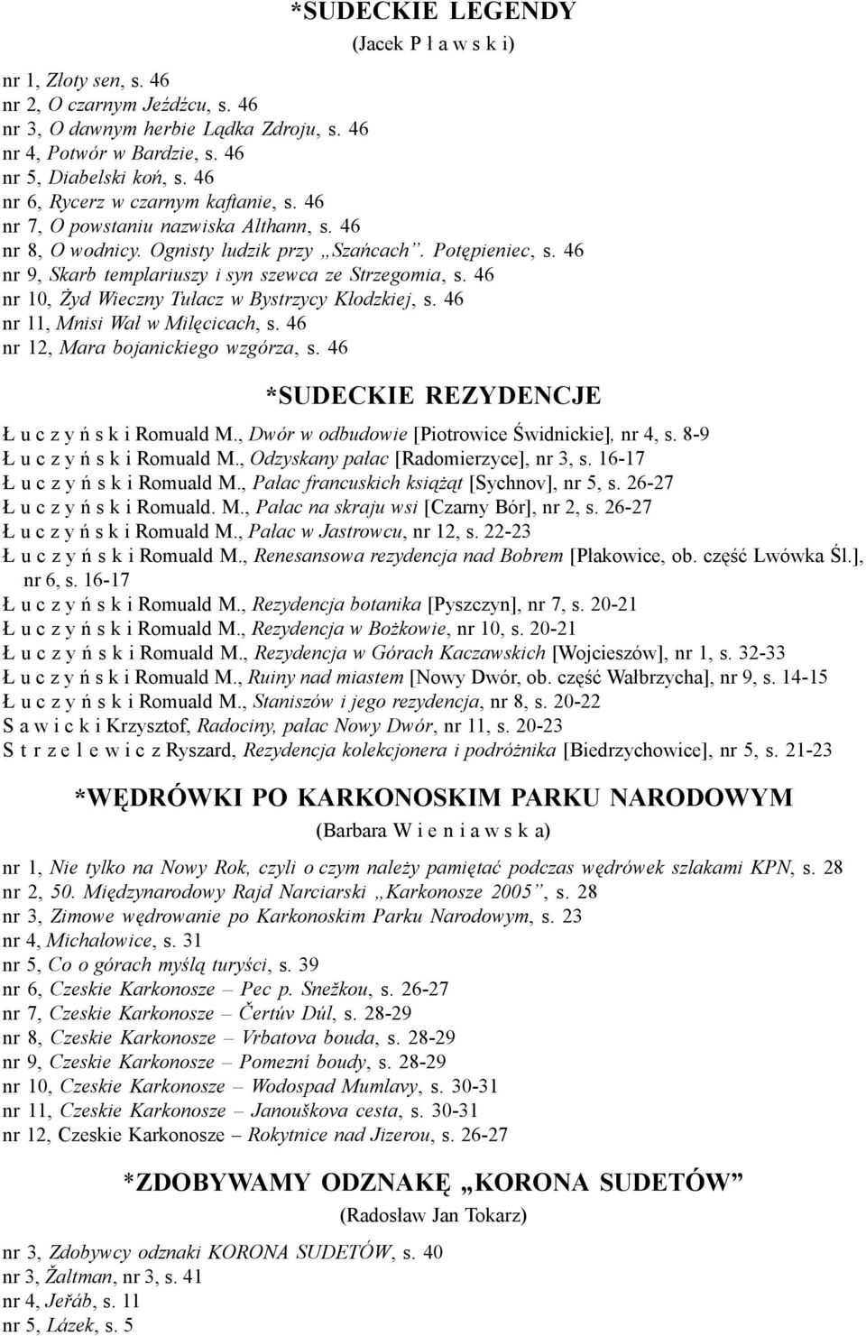 46 nr 9, Skarb templariuszy i syn szewca ze Strzegomia, s. 46 nr 10, Żyd Wieczny Tułacz w Bystrzycy Kłodzkiej, s. 46 nr 11, Mnisi Wał w Milęcicach, s. 46 nr 12, Mara bojanickiego wzgórza, s.