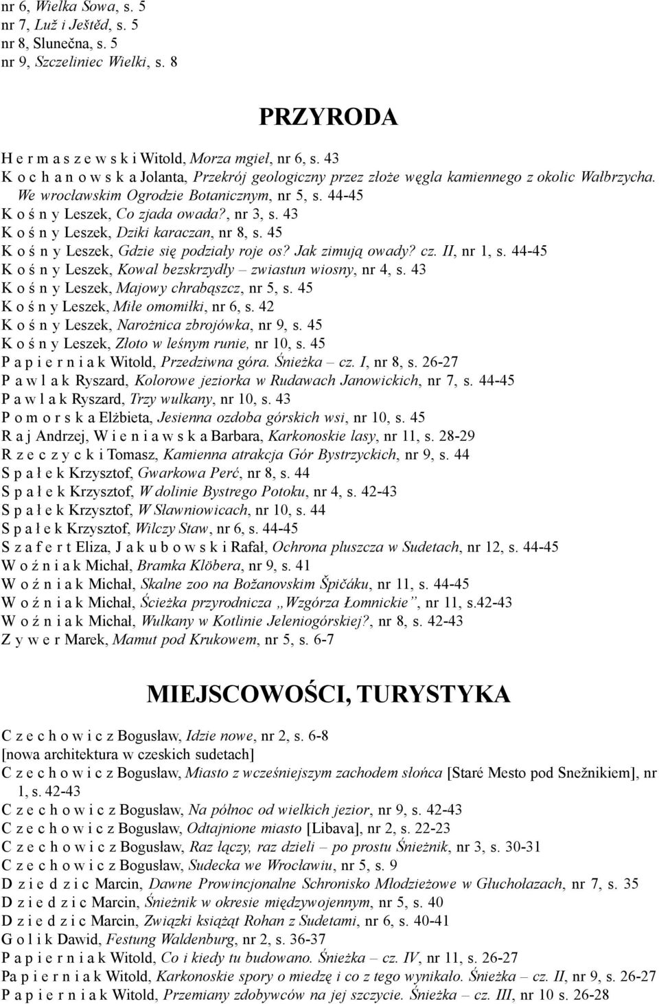 43 K o ś n y Leszek, Dziki karaczan, nr 8, s. 45 K o ś n y Leszek, Gdzie się podziały roje os? Jak zimują owady? cz. II, nr 1, s. 44-45 K o ś n y Leszek, Kowal bezskrzydły zwiastun wiosny, nr 4, s.