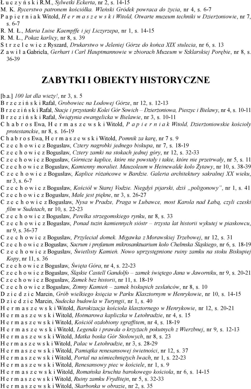 39 S t r z e l e w i c z Ryszard, Drukarstwo w Jeleniej Górze do końca XIX stulecia, nr 6, s. 13 Z a w i ł a Gabriela, Gerhart i Carl Hauptmannowie w zbiorach Muzeum w Szklarskiej Porębie, nr 8, s.