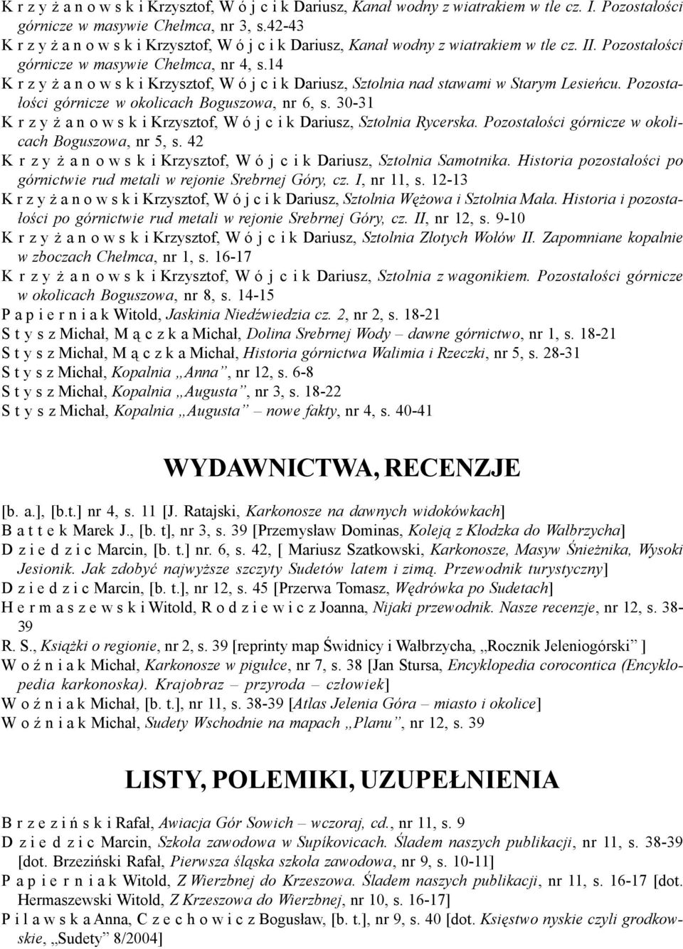 14 K r z y ż a n o w s k i Krzysztof, W ó j c i k Dariusz, Sztolnia nad stawami w Starym Lesieńcu. Pozostałości górnicze w okolicach Boguszowa, nr 6, s.