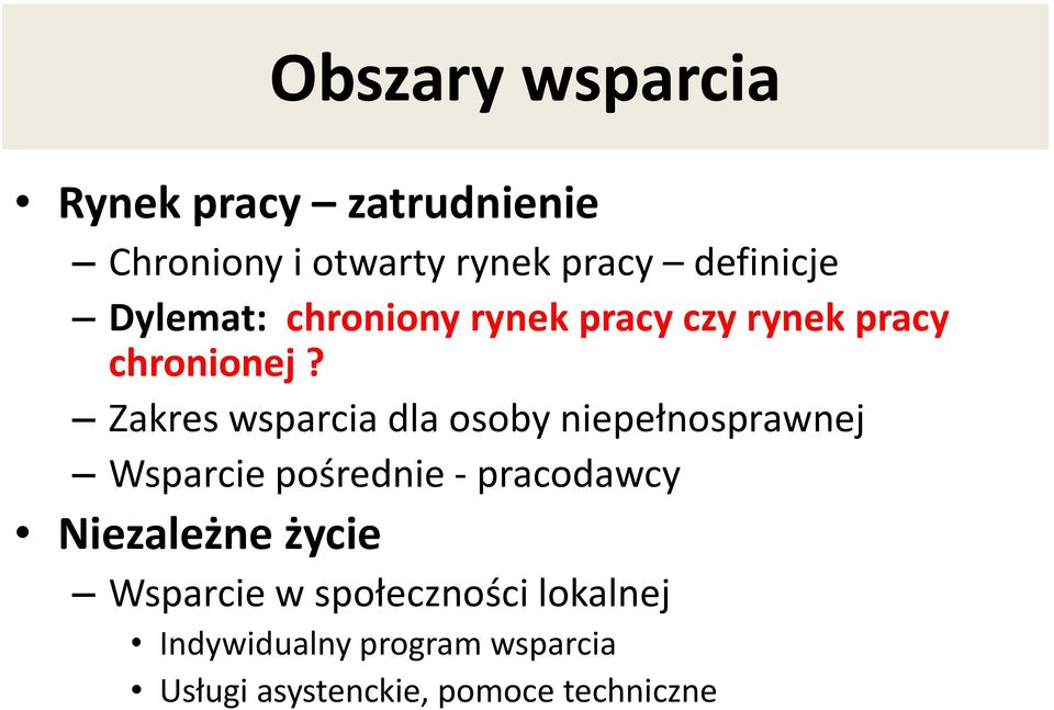 Zakres wsparcia dla osoby niepełnosprawnej Wsparcie pośrednie - pracodawcy