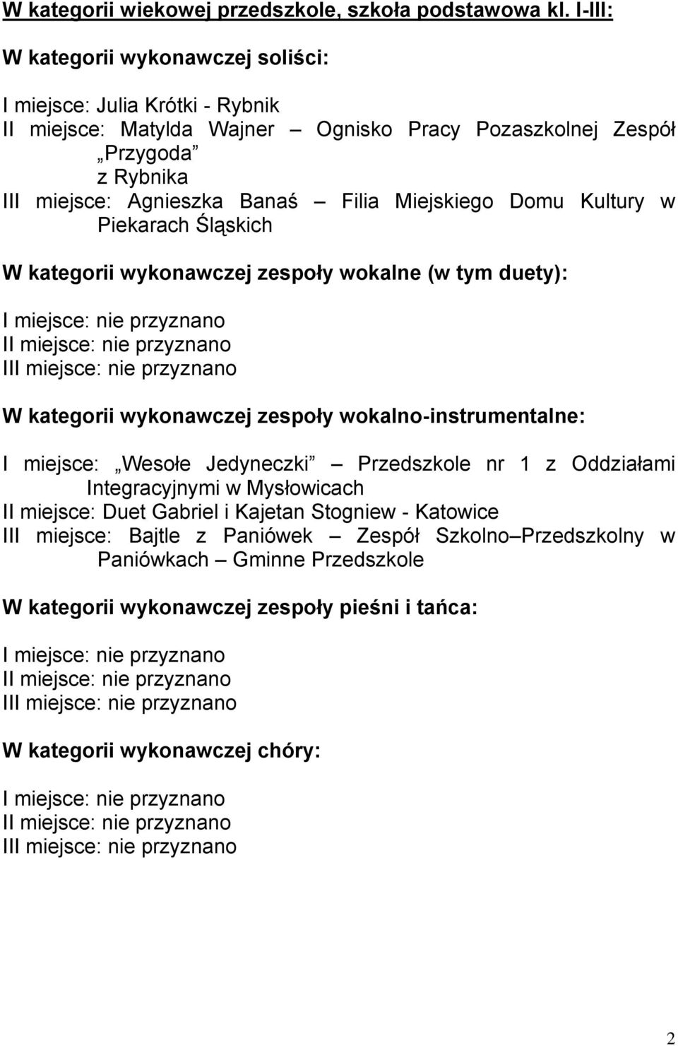 III miejsce: Agnieszka Banaś Filia Miejskiego Domu Kultury w Piekarach Śląskich I miejsce: Wesołe Jedyneczki Przedszkole