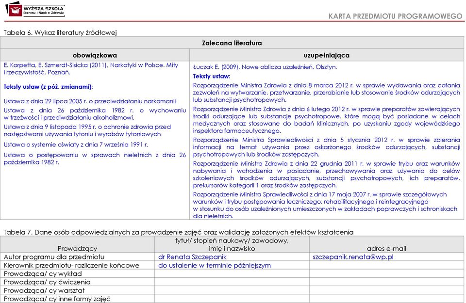 Ustawa z dnia 9 listopada 1995 r. o ochronie zdrowia przed następstwami używania tytoniu i wyrobów tytoniowych Ustawa o systemie oświaty z dnia 7 września 1991 r.