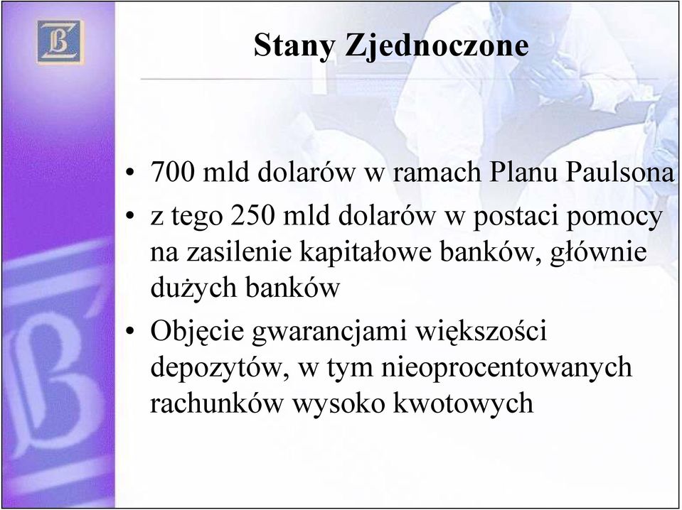 banków, głównie duŝych banków Objęcie gwarancjami większości