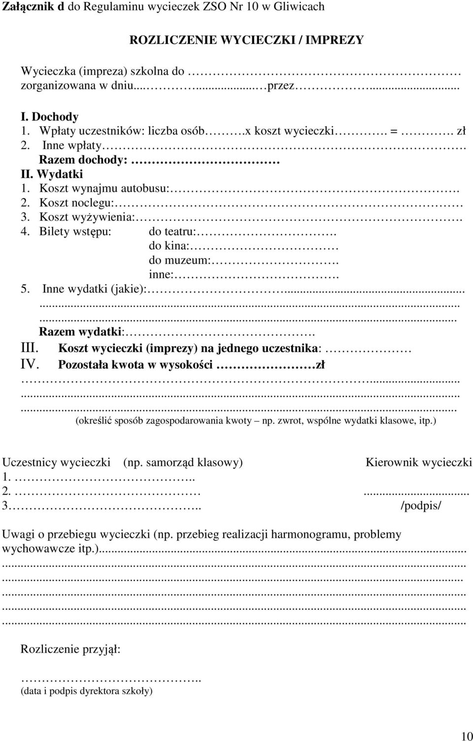 do kina: do muzeum:. inne:. 5. Inne wydatki (jakie):......... Razem wydatki:. Koszt wycieczki (imprezy) na jednego uczestnika: III. IV. Pozostała kwota w wysokości zł.