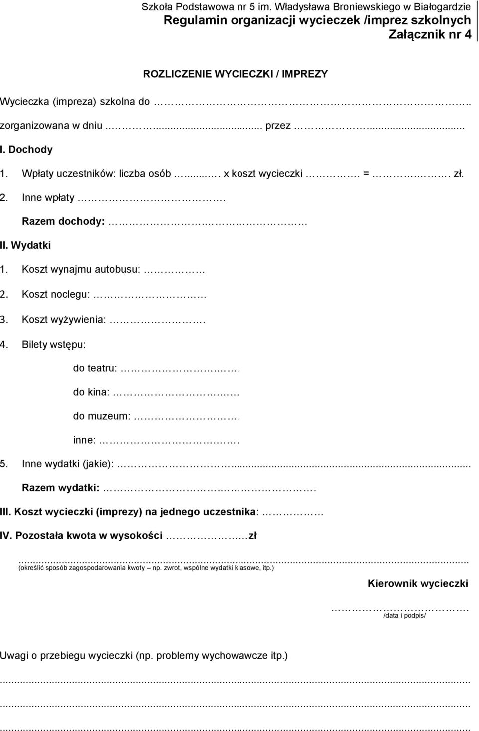 . do kina:. do muzeum:. inne:.. 5. Inne wydatki (jakie):... Razem wydatki:.. III. Koszt wycieczki (imprezy) na jednego uczestnika: IV. Pozostała kwota w wysokości zł.