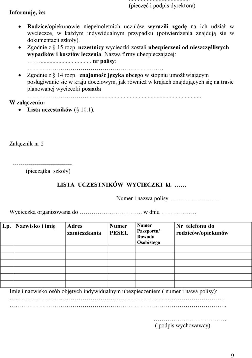 Zgodnie z 15 rozp. uczestnicy wycieczki zostali ubezpieczeni od nieszczęśliwych wypadków i kosztów leczenia. Nazwa firmy ubezpieczającej:... nr polisy: Zgodnie z 14 rozp.