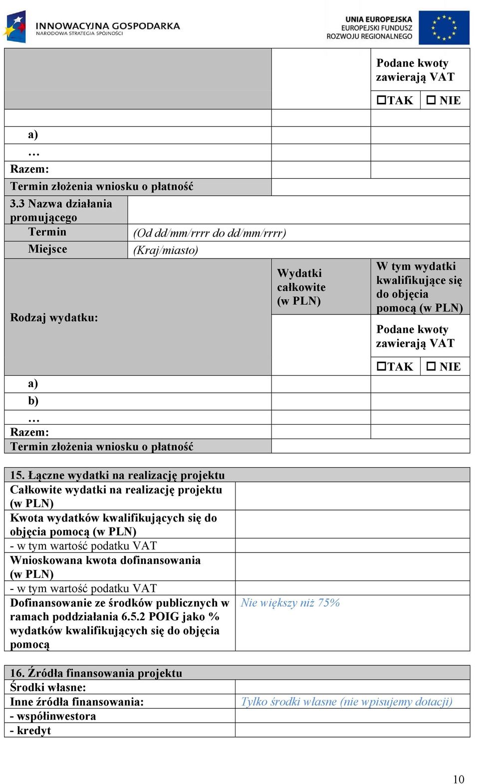 kwoty zawierają VAT a) b) Razem: Termin złożenia wniosku o płatność TAK NIE 15.