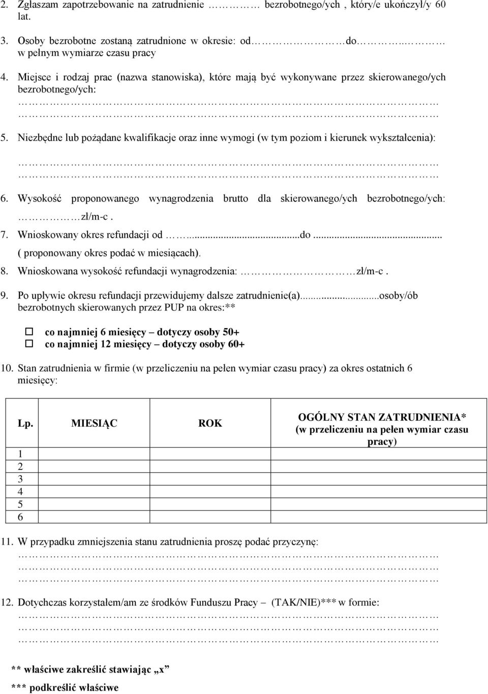 Niezbędne lub pożądane kwalifikacje oraz inne wymogi (w tym poziom i kierunek wykształcenia): 6. Wysokość proponowanego wynagrodzenia brutto dla skierowanego/ych bezrobotnego/ych: zł/m-c. 7.