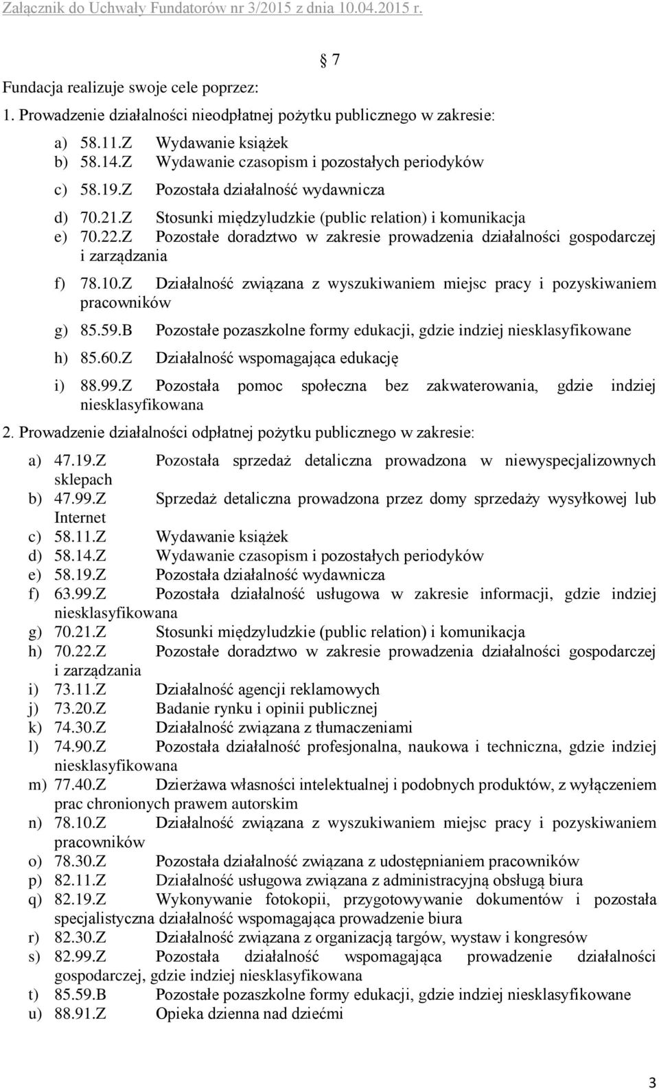 Z Pozostałe doradztwo w zakresie prowadzenia działalności gospodarczej i zarządzania f) 78.10.Z Działalność związana z wyszukiwaniem miejsc pracy i pozyskiwaniem pracowników g) 85.59.