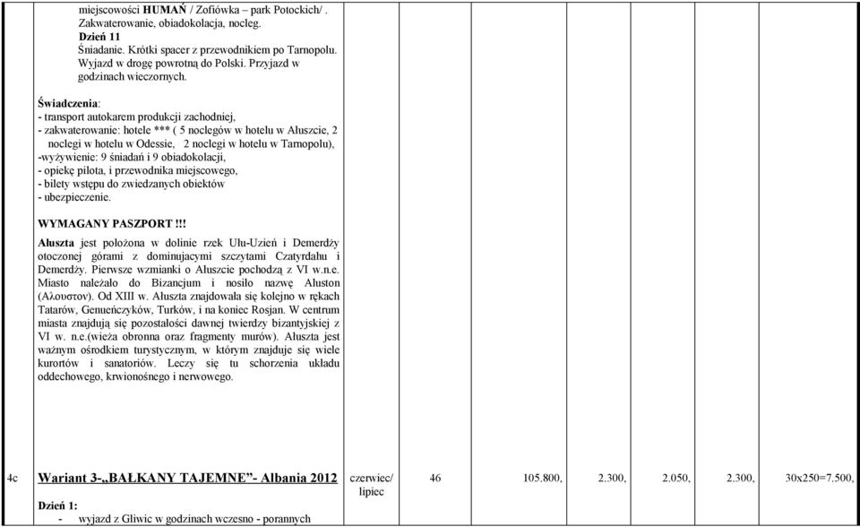 Świadczenia: - transport autokarem produkcji zachodniej, - zakwaterowanie: hotele *** ( 5 noclegów w hotelu w Ałuszcie, 2 noclegi w hotelu w Odessie, 2 noclegi w hotelu w Tarnopolu), -wyżywienie: 9