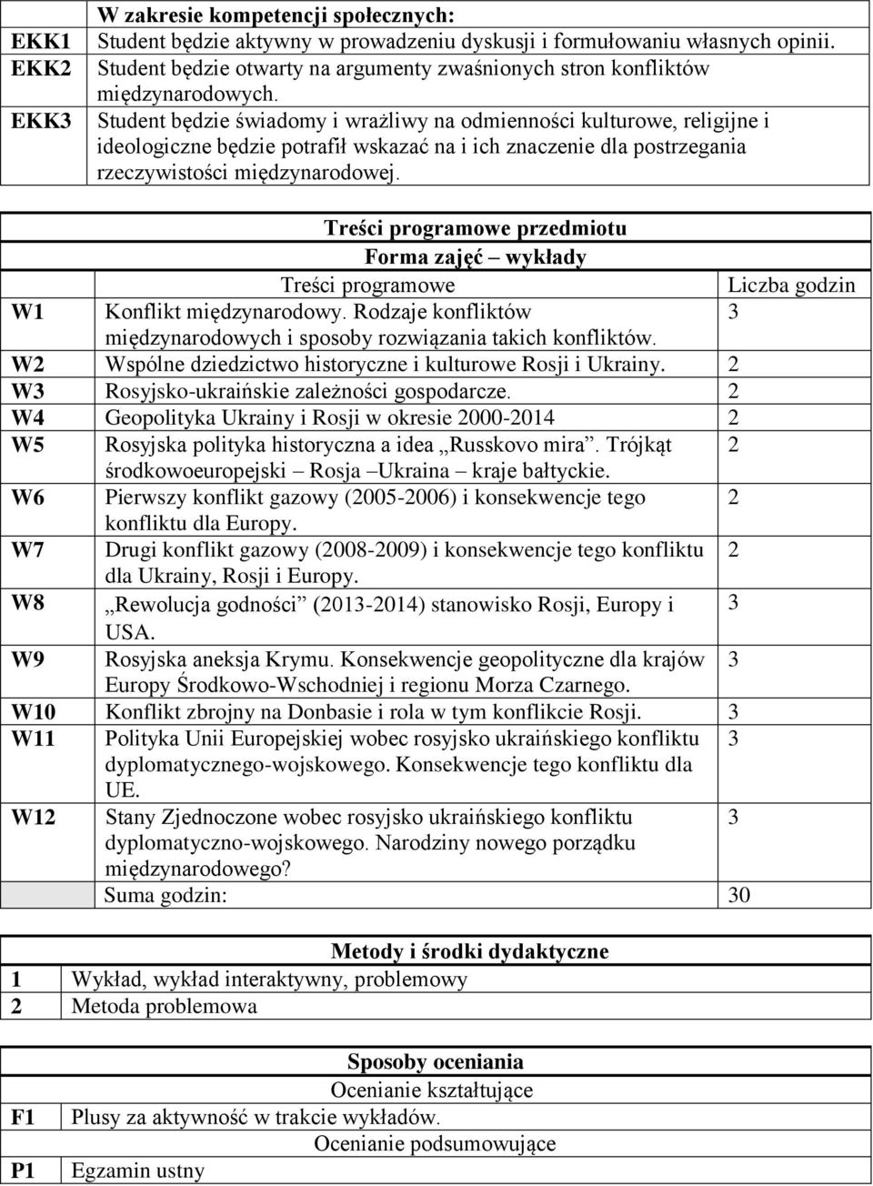 W1 Treści programowe przedmiotu Forma zajęć wykłady Treści programowe Konflikt międzynarodowy. Rodzaje konfliktów międzynarodowych i sposoby rozwiązania takich konfliktów.