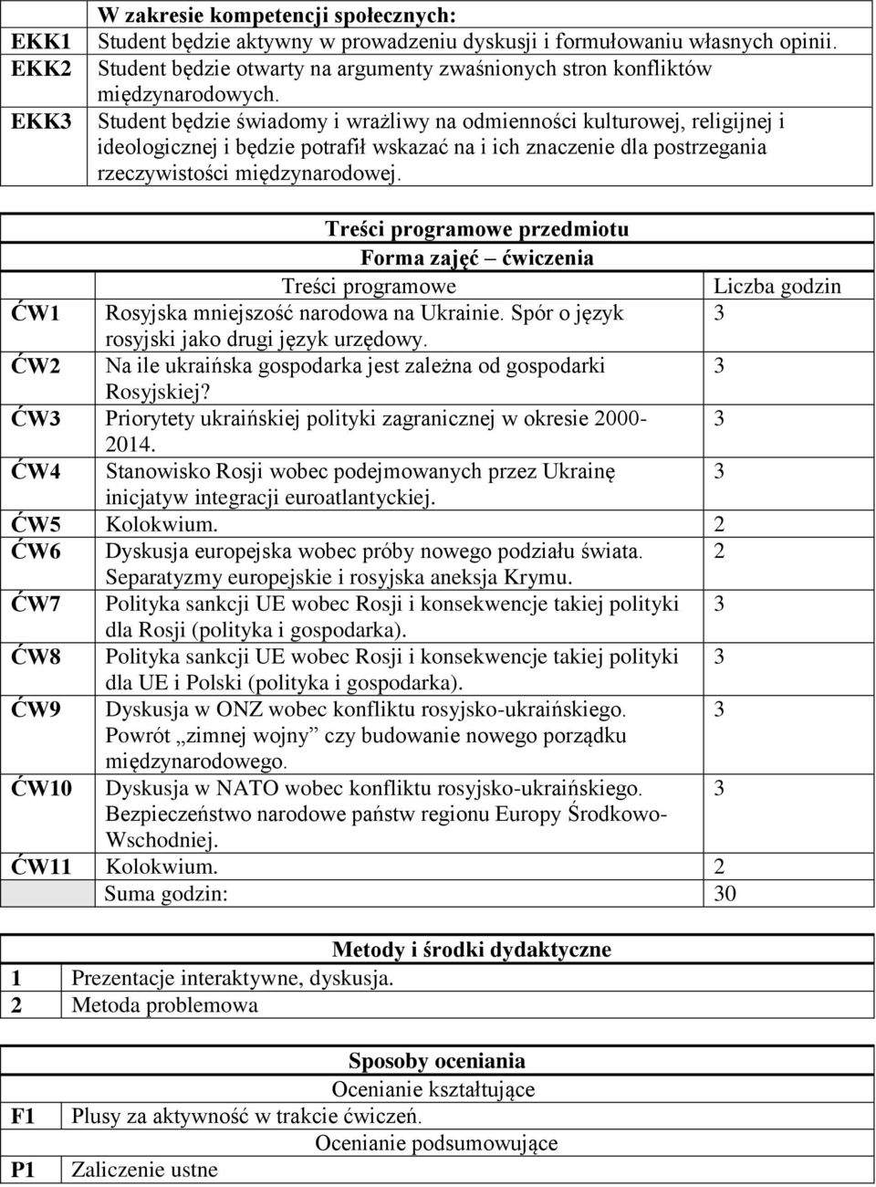 Treści programowe przedmiotu Forma zajęć ćwiczenia Treści programowe Liczba godzin ĆW1 Rosyjska mniejszość narodowa na Ukrainie. Spór o język 3 rosyjski jako drugi język urzędowy.