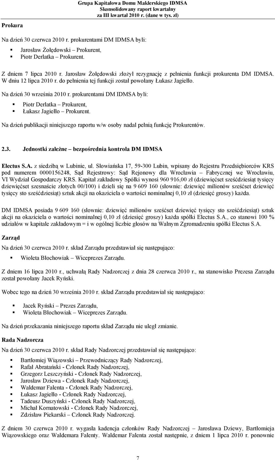 prokurentami DM IDMSA byli: Piotr Derlatka Prokurent, Łukasz Jagiełło Prokurent. Na dzień publikacji niniejszego raportu w/w osoby nadal pełnią funkcję Prokurentów. 2.3.