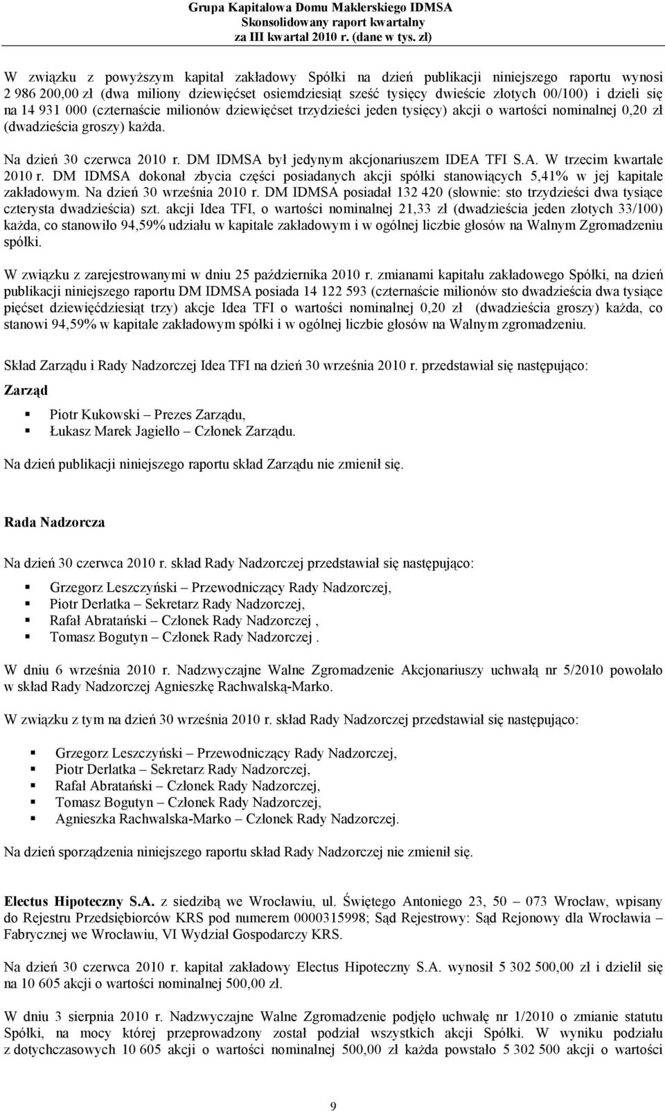 DM IDMSA był jedynym akcjonariuszem IDEA TFI S.A. W trzecim kwartale 2010 r. DM IDMSA dokonał zbycia części posiadanych akcji spółki stanowiących 5,41% w jej kapitale zakładowym.