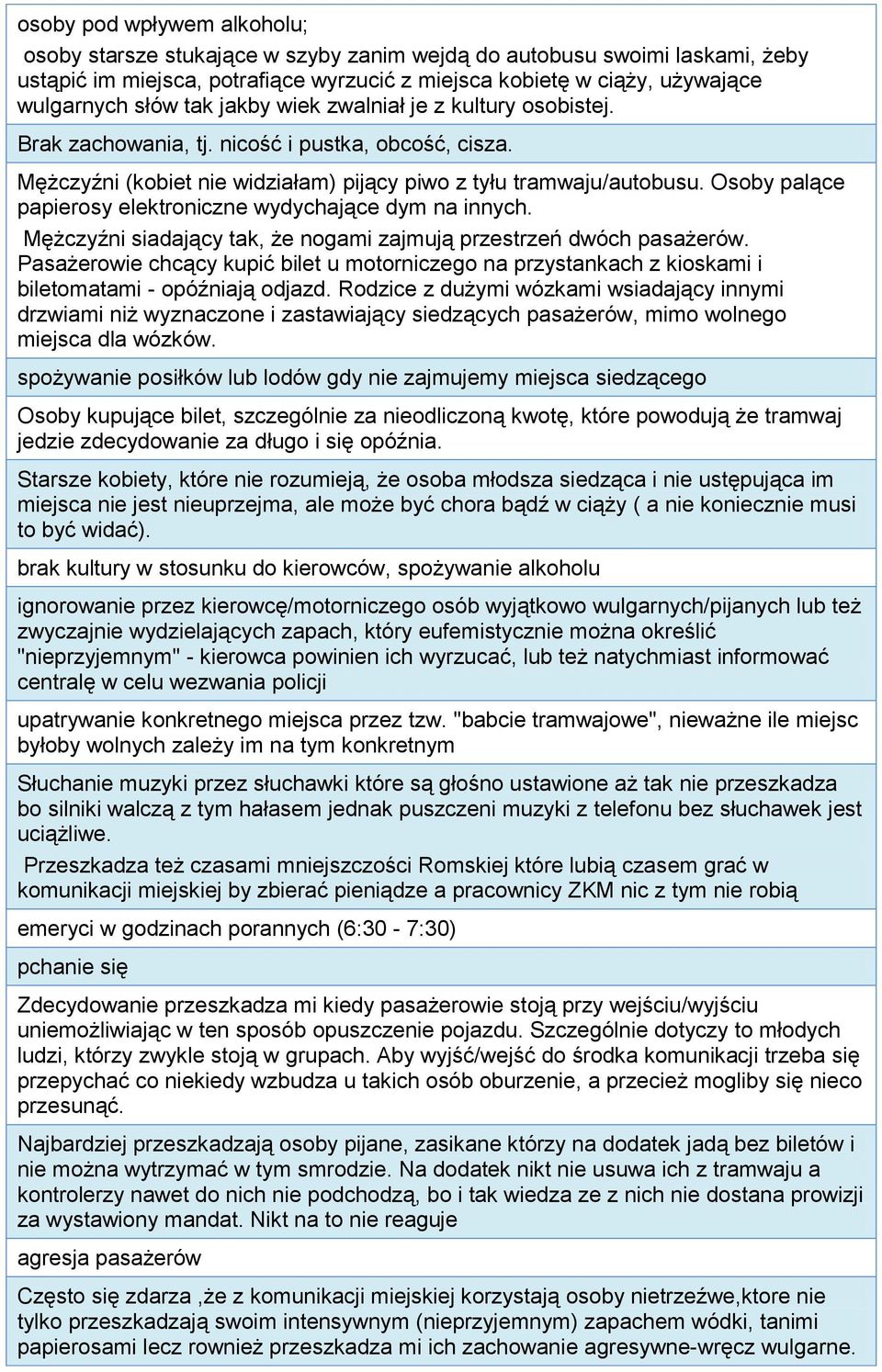 Osoby palące papierosy elektroniczne wydychające dym na innych. Mężczyźni siadający tak, że nogami zajmują przestrzeń dwóch pasażerów.