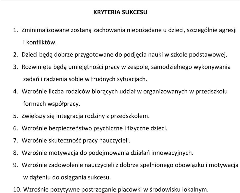 Wzrośnie liczba rodziców biorących udział w organizowanych w przedszkolu formach współpracy. 5. Zwiększy się integracja rodziny z przedszkolem. 6.