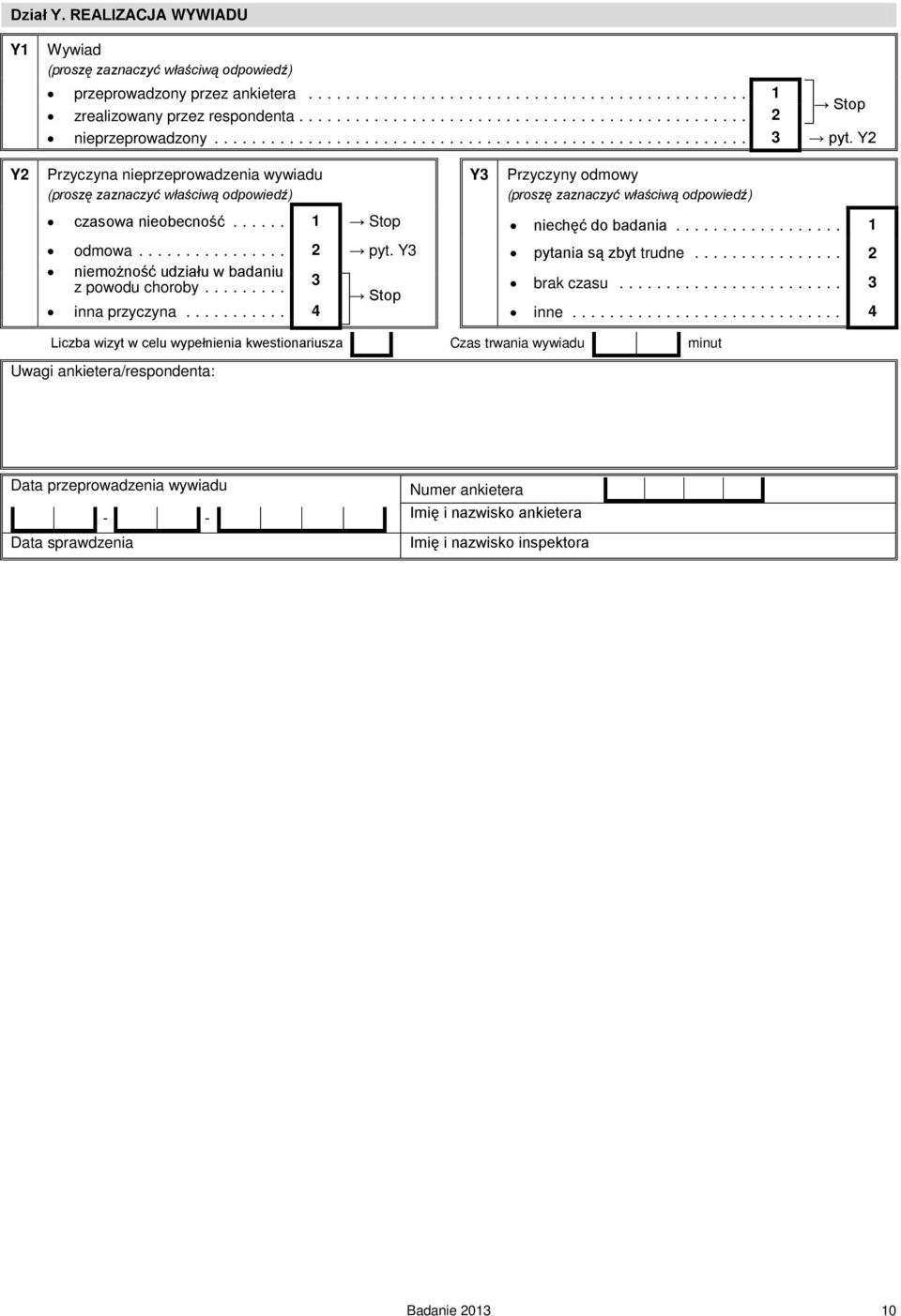 Y3 niemożność udziału w badaniu z powodu choroby... 3 Stop inna przyczyna... 4 pytania są zbyt trudne... 2 brak czasu... 3 inne.