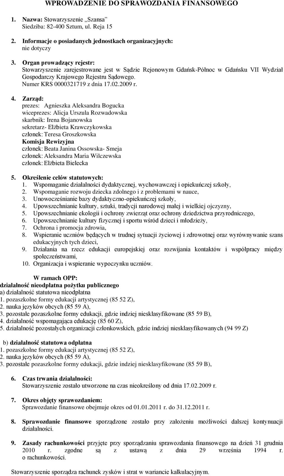 4. Zarząd: prezes: Agnieszka Aleksandra Bogucka wiceprezes: Alicja Urszula Rozwadowska skarbnik: Irena Bojanowska sekretarz- Elżbieta Krawczykowska członek: Teresa Groszkowska Komisja Rewizyjna