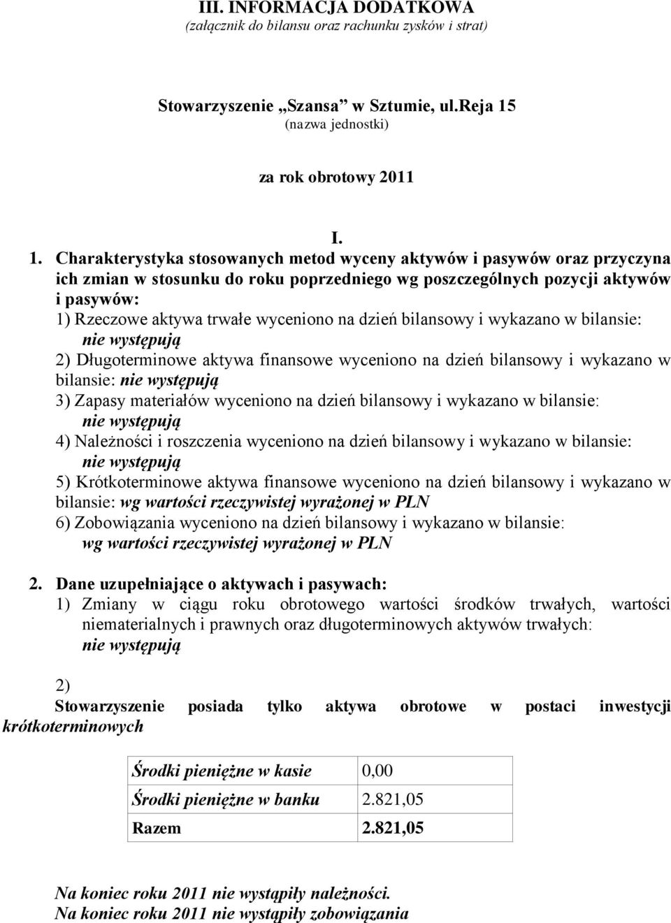 Charakterystyka stosowanych metod wyceny aktywów i pasywów oraz przyczyna ich zmian w stosunku do roku poprzedniego wg poszczególnych pozycji aktywów i pasywów: 1) Rzeczowe aktywa trwałe wyceniono na