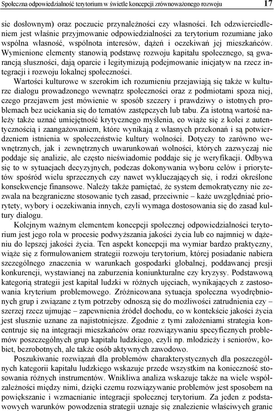 Wymienione elementy stanowią podstawę rozwoju kapitału społecznego, są gwarancją słuszności, dają oparcie i legitymizują podejmowanie inicjatyw na rzecz integracji i rozwoju lokalnej społeczności.