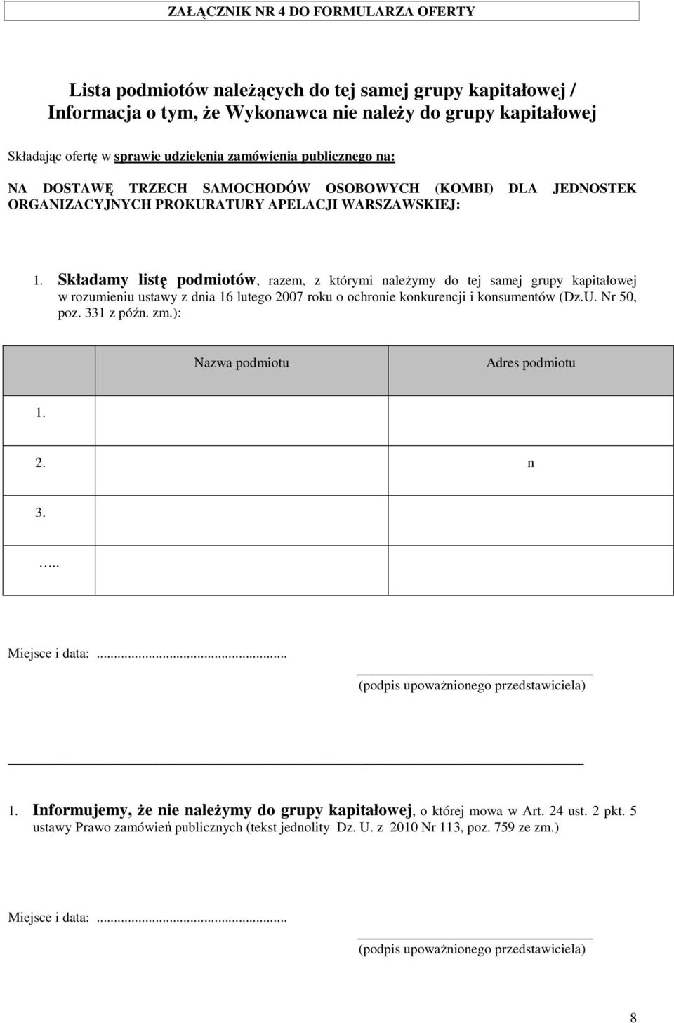 Składamy listę podmiotów, razem, z którymi należymy do tej samej grupy kapitałowej w rozumieniu ustawy z dnia 16 lutego 2007 roku o ochronie konkurencji i konsumentów (Dz.U. Nr 50, poz. 331 z późn.