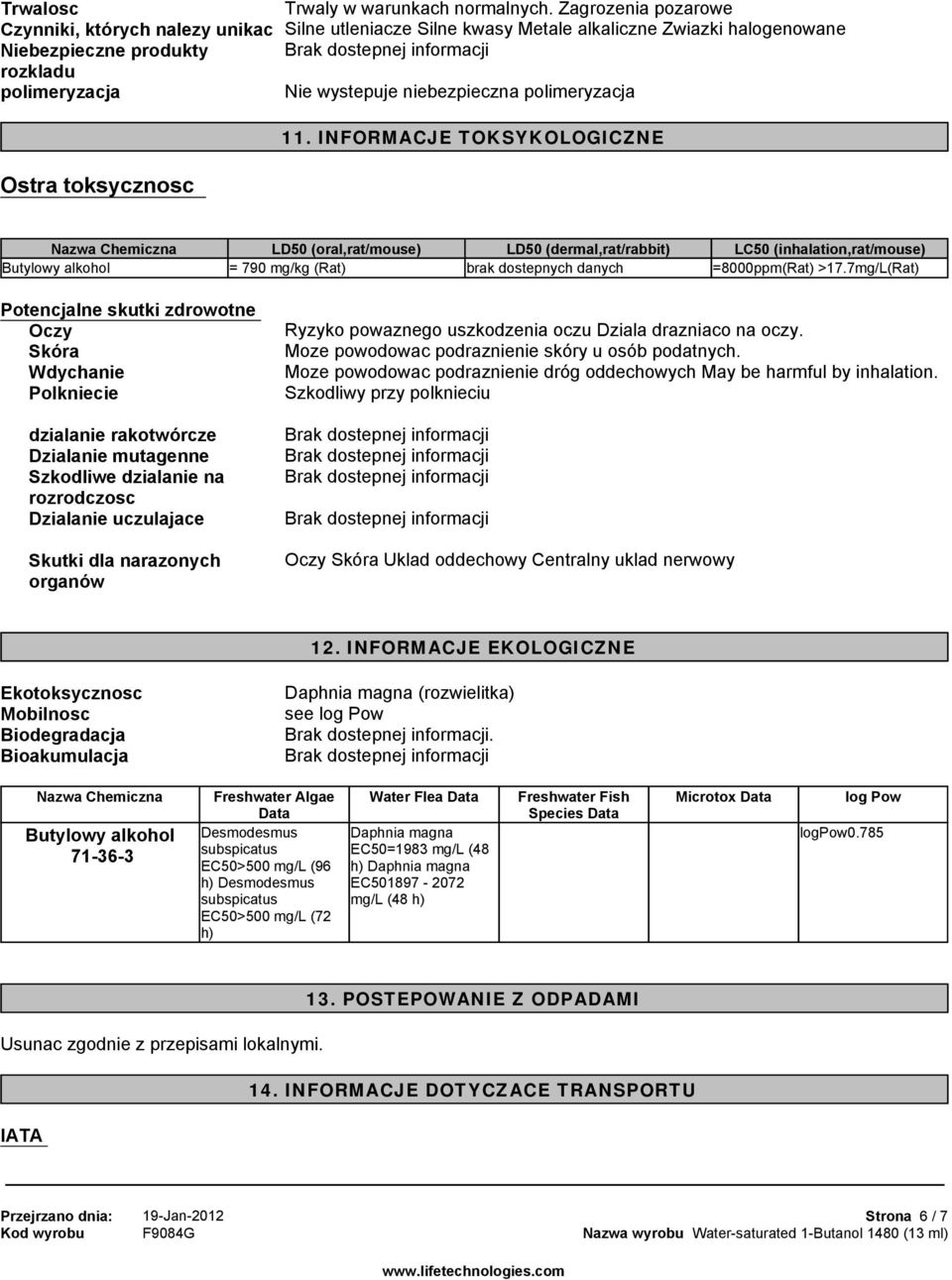 INFORMACJE TOKSYKOLOGICZNE Ostra toksycznosc LD50 (oral,rat/mouse) = 790 mg/kg (Rat) LD50 (dermal,rat/rabbit) brak dostepnych danych LC50 (inhalation,rat/mouse) =8000ppm(Rat) >17.