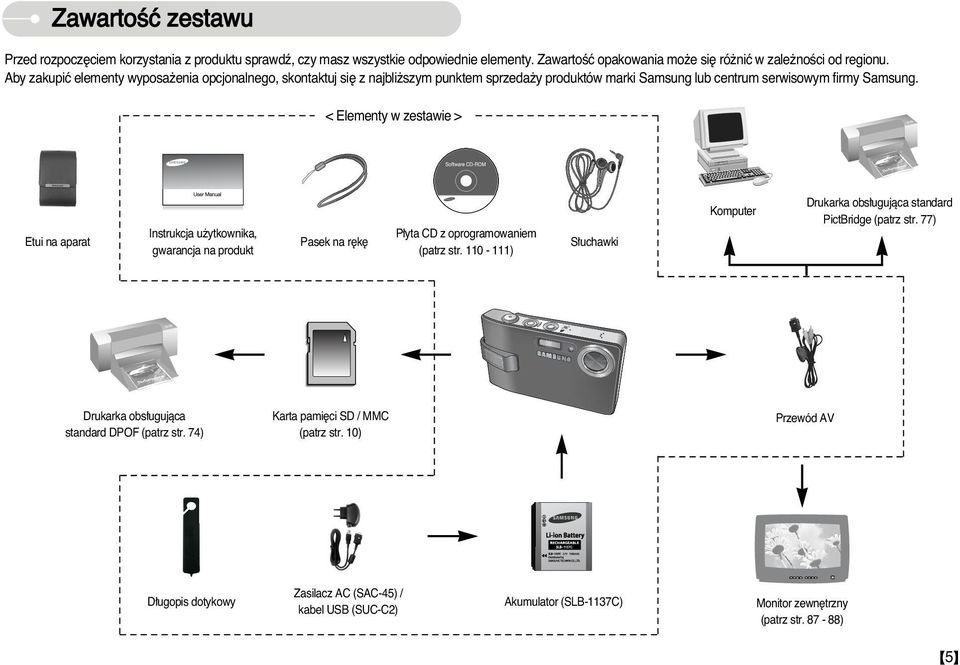 < Elementy w zestawie > Etui na aparat Instrukcja u ytkownika, gwarancja na produkt Pasek na r k P yta CD z oprogramowaniem (patrz str.