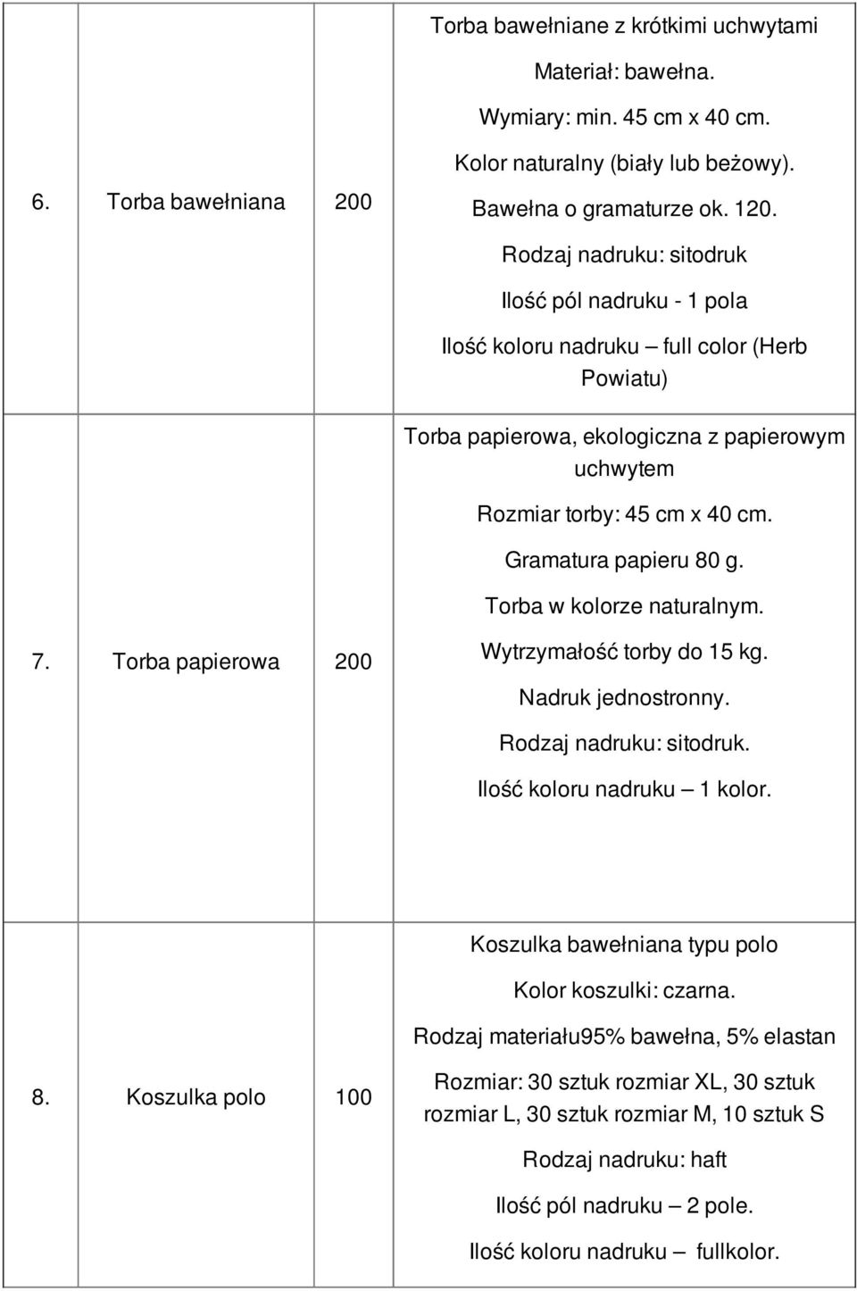 Gramatura papieru 80 g. Torba w kolorze naturalnym. 7. Torba papierowa 200 Wytrzymałość torby do 15 kg. Nadruk jednostronny. Rodzaj nadruku: sitodruk. Ilość koloru nadruku 1 kolor.