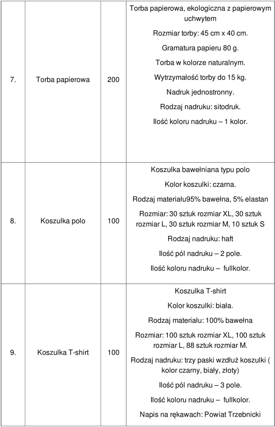 Koszulka polo 100 Rozmiar: 30 sztuk rozmiar XL, 30 sztuk rozmiar L, 30 sztuk rozmiar M, 10 sztuk S Rodzaj nadruku: haft Ilość pól nadruku 2 pole. Ilość koloru nadruku fullkolor.