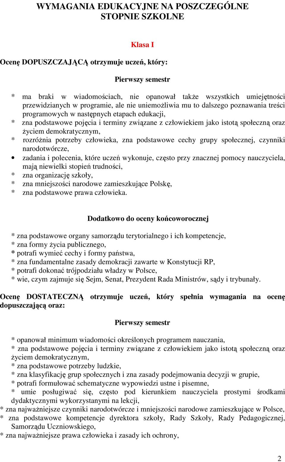 życiem demokratycznym, * rozróżnia potrzeby człowieka, zna podstawowe cechy grupy społecznej, czynniki narodotwórcze, zadania i polecenia, które uczeń wykonuje, często przy znacznej pomocy