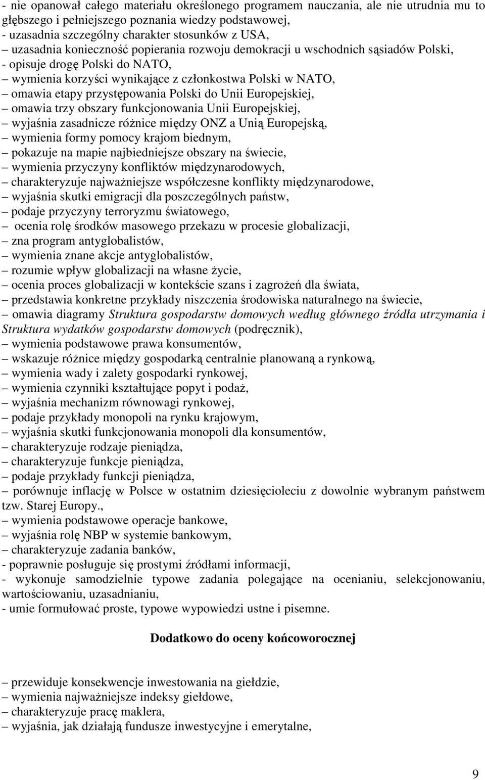 Polski do Unii Europejskiej, omawia trzy obszary funkcjonowania Unii Europejskiej, wyjaśnia zasadnicze różnice między ONZ a Unią Europejską, wymienia formy pomocy krajom biednym, pokazuje na mapie