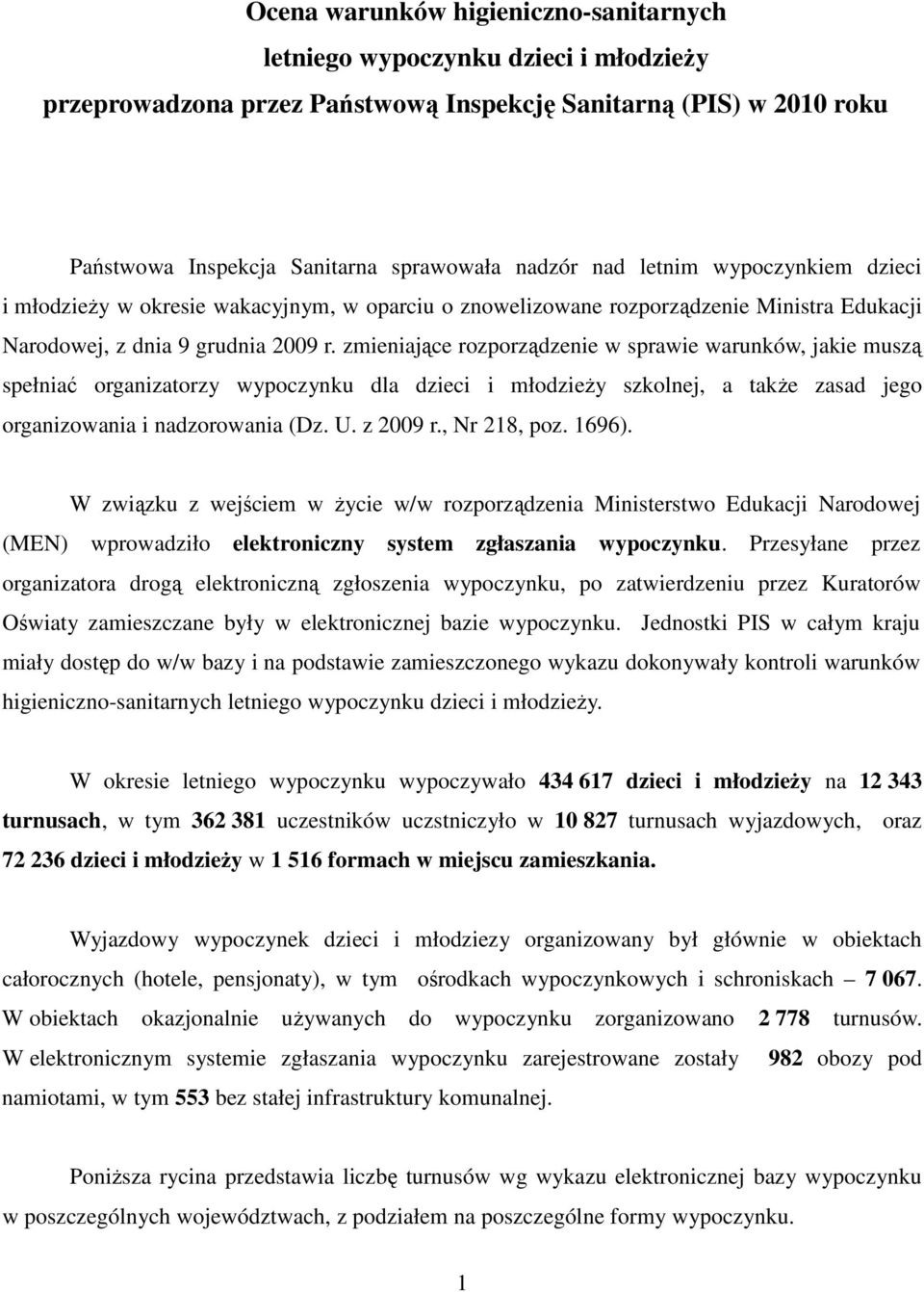 zmieniające rozporządzenie w sprawie warunków, jakie muszą spełniać organizatorzy wypoczynku dla dzieci i młodzieŝy szkolnej, a takŝe zasad jego organizowania i nadzorowania (Dz. U. z 2009 r.