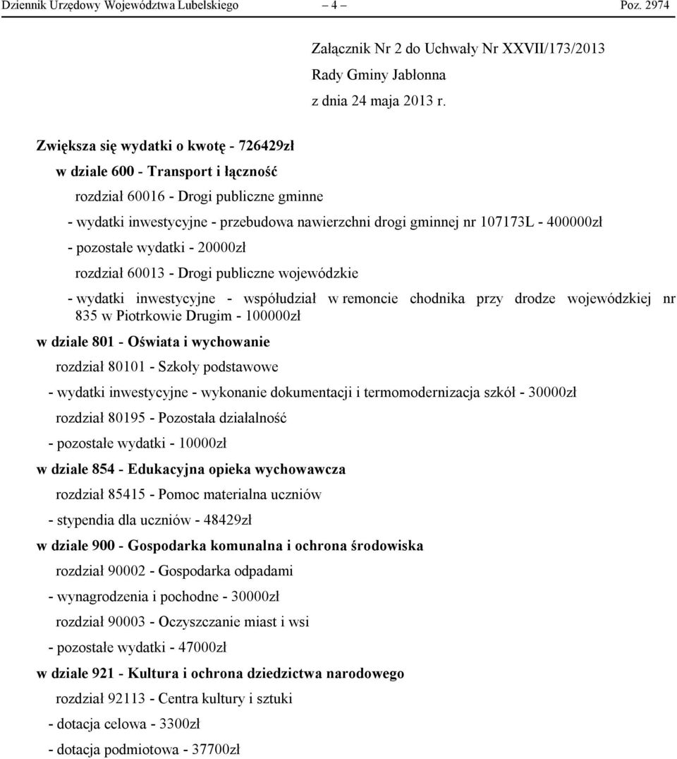 przebudowa nawierzchni drogi gminnej nr 107173L - 400000zł - pozostałe wydatki - 20000zł rozdział 60013 - Drogi publiczne wojewódzkie - wydatki inwestycyjne - współudział w remoncie chodnika przy