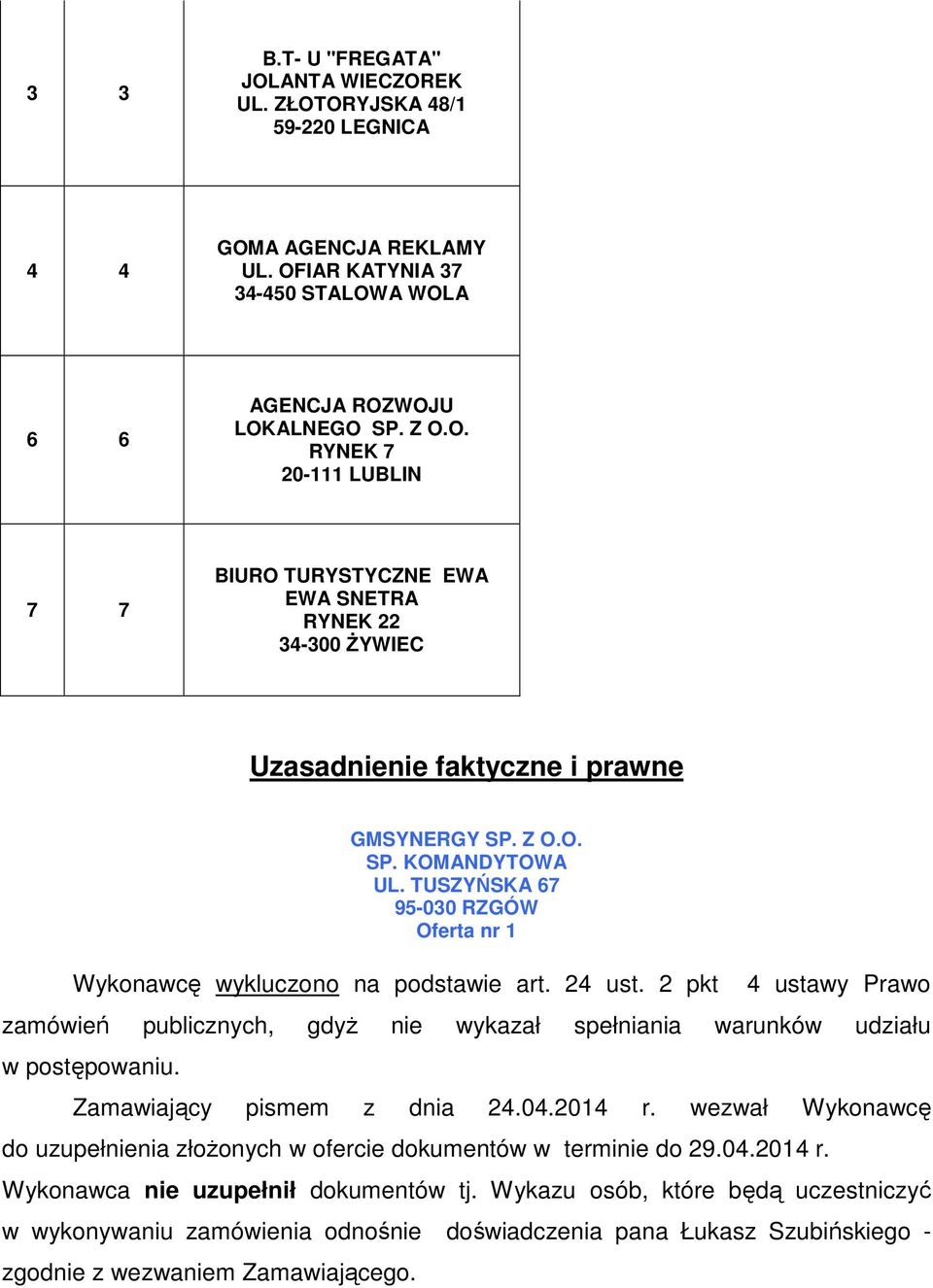 Uzasadnienie faktyczne i prawne Oferta nr 1 Wykonawca nie uzupełnił dokumentów