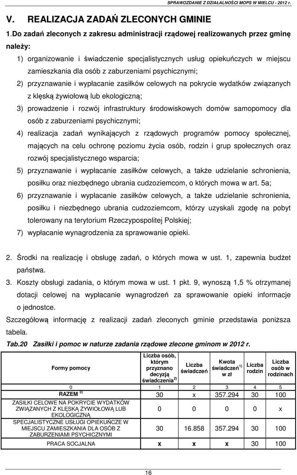 zaburzeniami psychicznymi; 2) przyznawanie i wypłacanie zasiłków celowych na pokrycie wydatków związanych z klęską żywiołową lub ekologiczną; 3) prowadzenie i rozwój infrastruktury środowiskowych