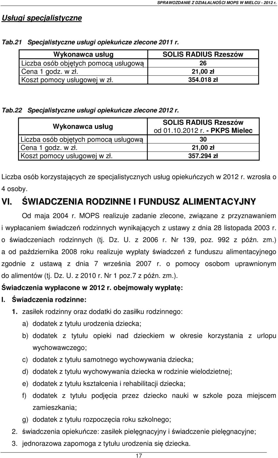 w zł. 21,00 zł Koszt pomocy usługowej w zł. 357.294 zł Liczba osób korzystających ze specjalistycznych usług opiekuńczych w 2012 r. wzrosła o 4 osoby. VI.