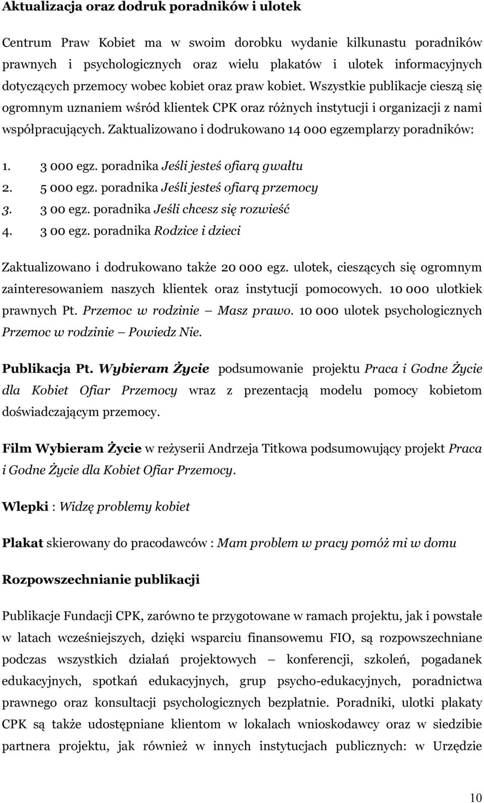 Zaktualizowano i dodrukowano 14 000 egzemplarzy poradników: 1. 3 000 egz. poradnika Jeśli jesteś ofiarą gwałtu 2. 5 000 egz. poradnika Jeśli jesteś ofiarą przemocy 3. 3 00 egz.