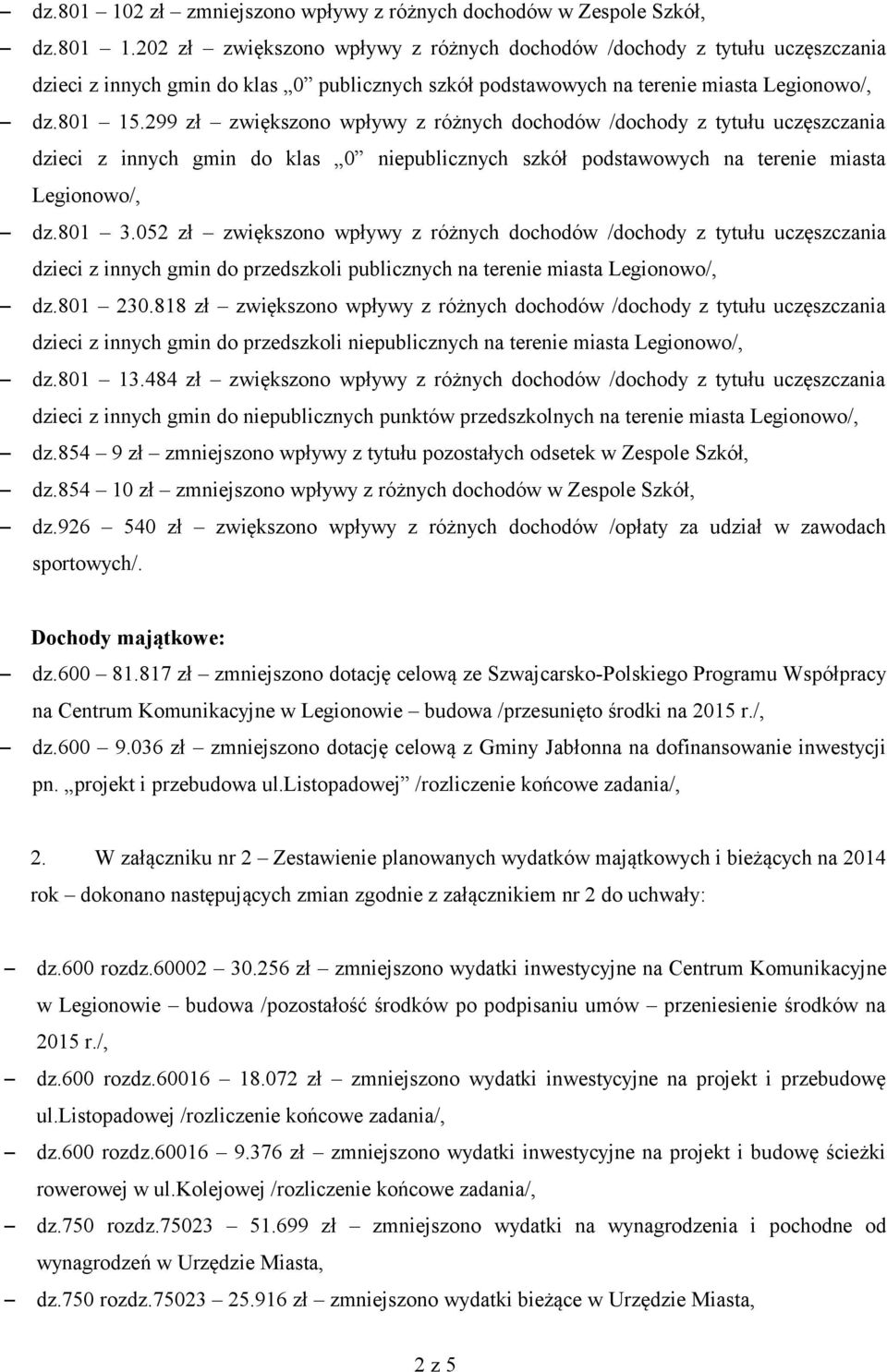 052 zł zwiększono wpływy z różnych dochodów /dochody z tytułu uczęszczania dzieci z innych gmin do przedszkoli publicznych na terenie miasta Legionowo/, dz.801 230.