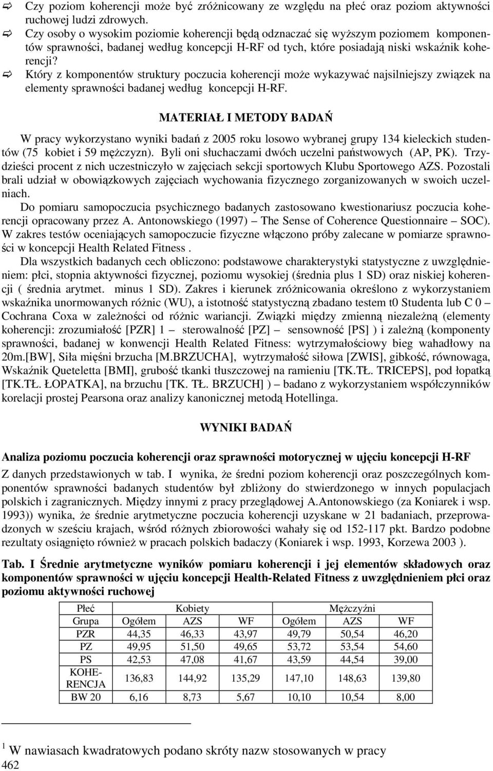 Który z komponentów struktury poczucia koherencji może wykazywać najsilniejszy związek na elementy sprawności badanej według koncepcji H-RF.