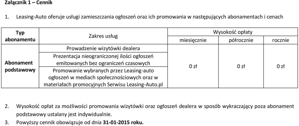 wizytówki dealera Prezentacja nieograniczonej ilości ogłoszeń emitowanych bez ograniczeń czasowych Promowanie wybranych przez Leasing-auto ogłoszeń w mediach