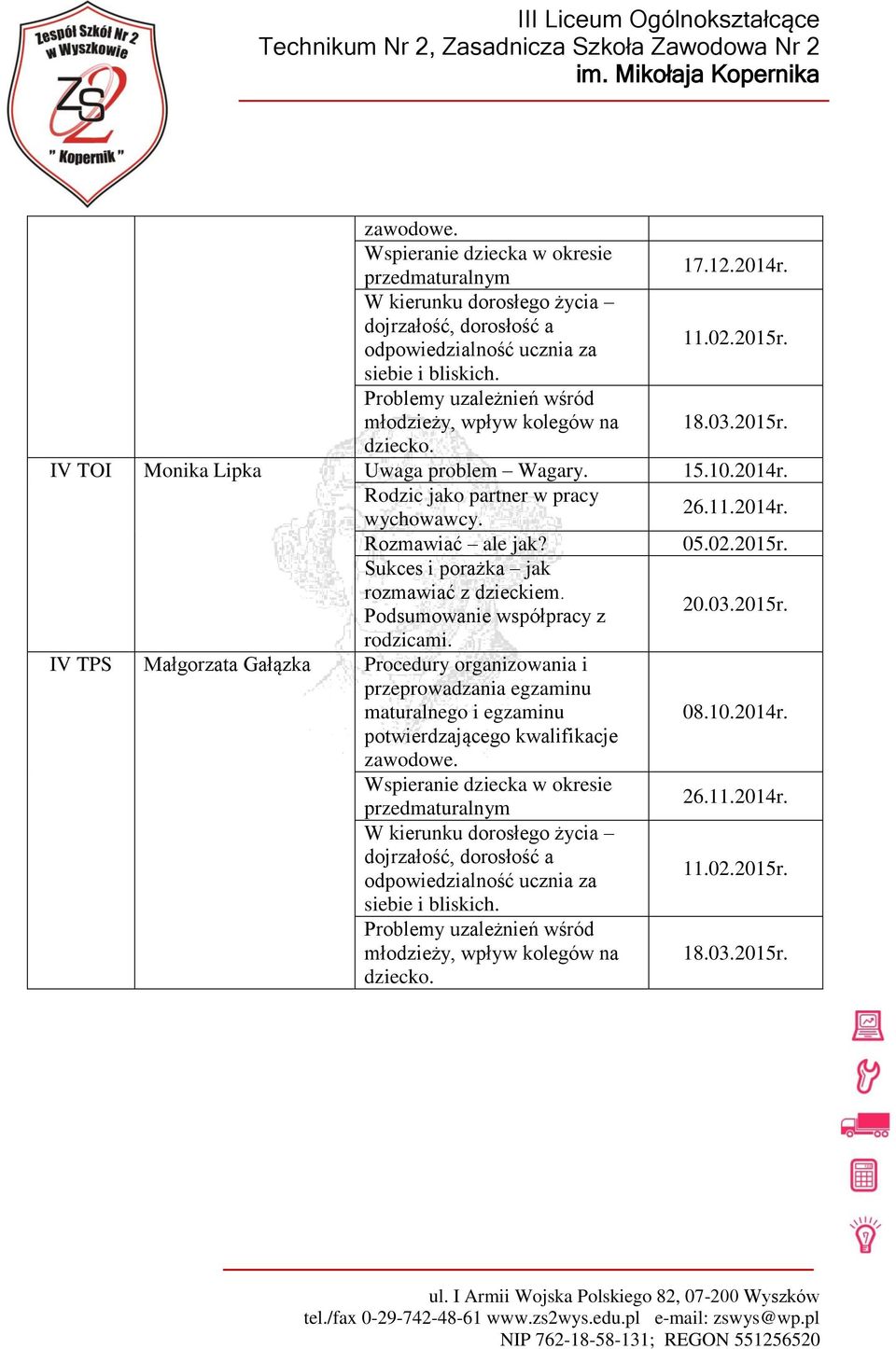 2015r. rodzicami. IV TPS Małgorzata Gałązka Procedury organizowania i przeprowadzania egzaminu maturalnego i egzaminu 08.10.2014r. potwierdzającego kwalifikacje