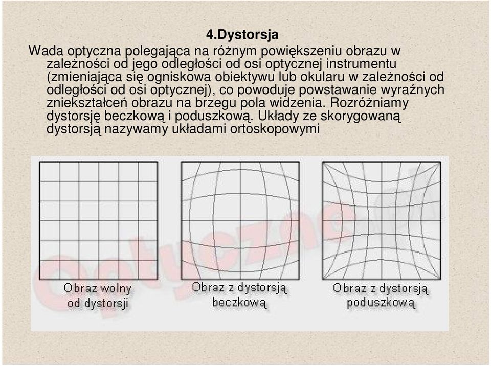 od osi optycznej), co powoduje powstawanie wyraźnych zniekształceń obrazu na brzegu pola widzenia.