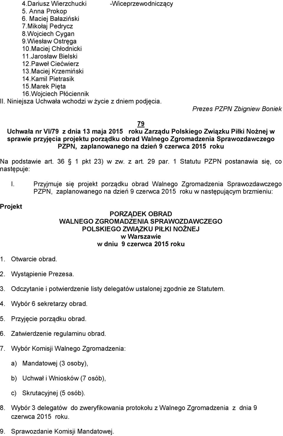 Prezes PZPN Zbigniew Boniek 79 Uchwała nr VI/79 z dnia 13 maja 2015 roku Zarządu Polskiego Związku Piłki Nożnej w sprawie przyjęcia projektu porządku obrad Walnego Zgromadzenia Sprawozdawczego PZPN,