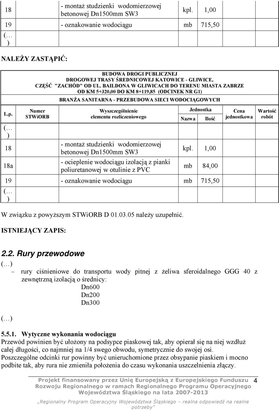 wodociągu izolacją z pianki poliuretanowej w otulinie z PVC mb 84,00 19 - oznakowanie wodociągu mb 715,50 ( ) W związku z powyższym STWiORB D 01.03.05 należy uzupełnić. 2.